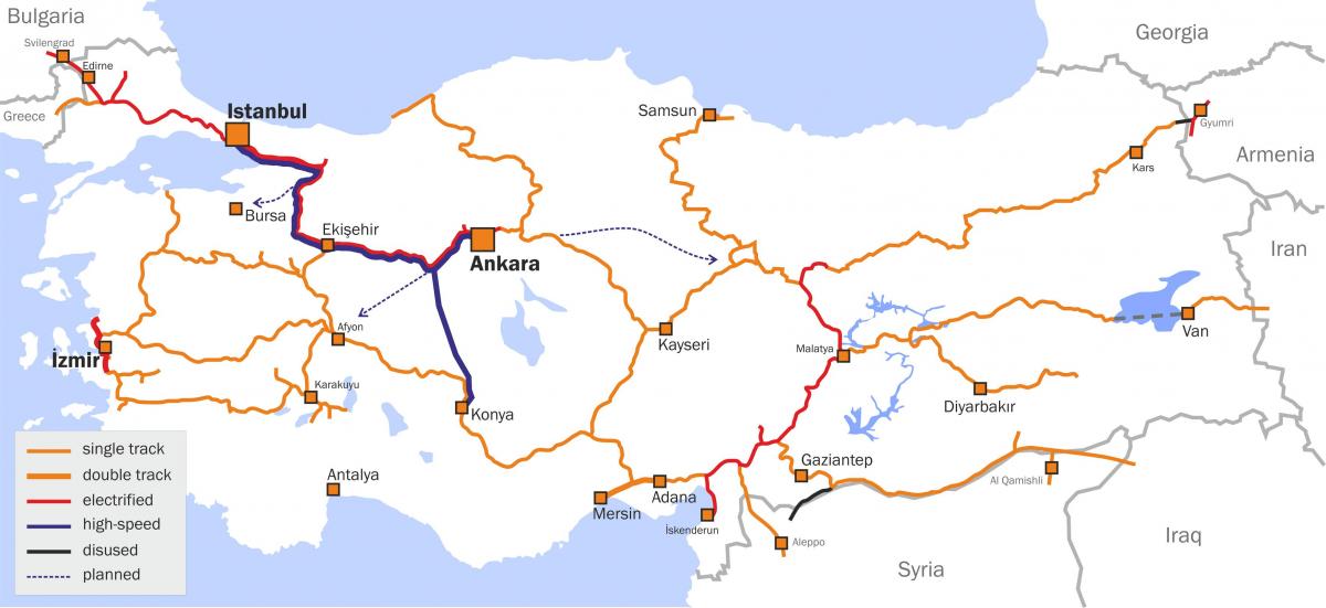 Mapa linii kolejowych w Turcji